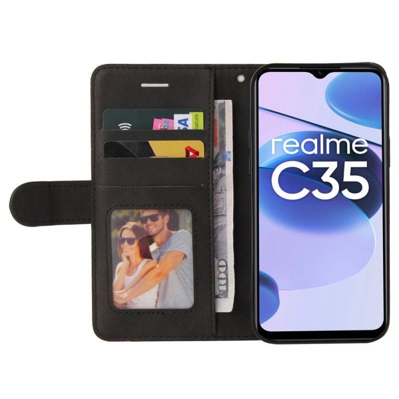 Kožené Puzdro Realme C35 Dvojfarebné Linky S Remienkom