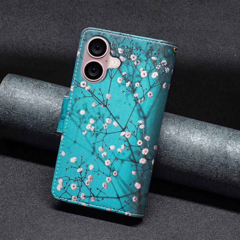 Puzdro iPhone 16 Plus Peňaženka Plum Blossom S Remienkom