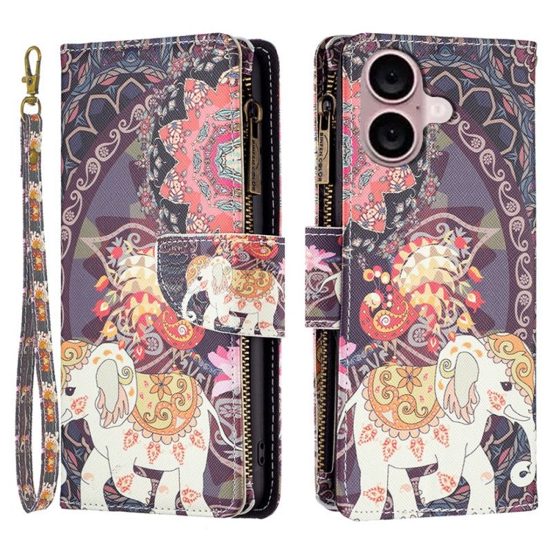 Puzdro iPhone 16 Plus Peňaženka Tribal Elephant S Popruhom