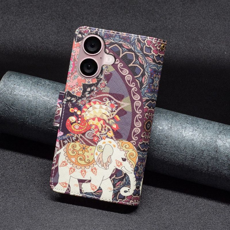 Puzdro iPhone 16 Plus Peňaženka Tribal Elephant S Popruhom