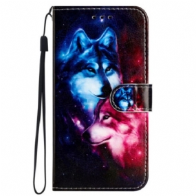 Kožené Puzdro iPhone 16 Pro Kryt Na Mobil Lanyard Wolves