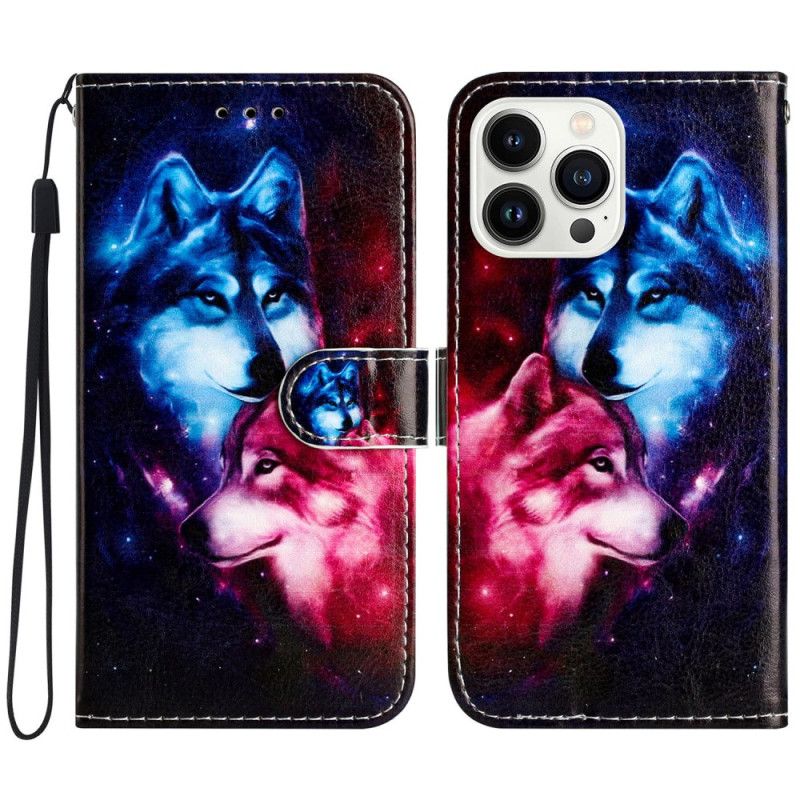 Kožené Puzdro iPhone 16 Pro Kryt Na Mobil Lanyard Wolves