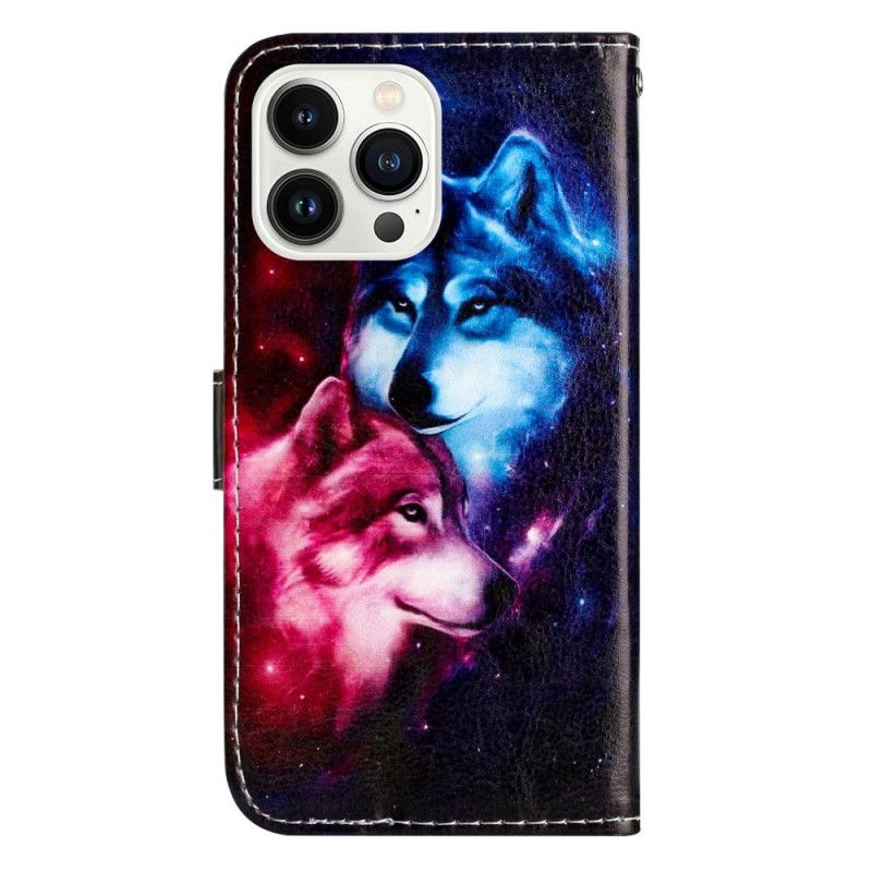 Kožené Puzdro iPhone 16 Pro Kryt Na Mobil Lanyard Wolves