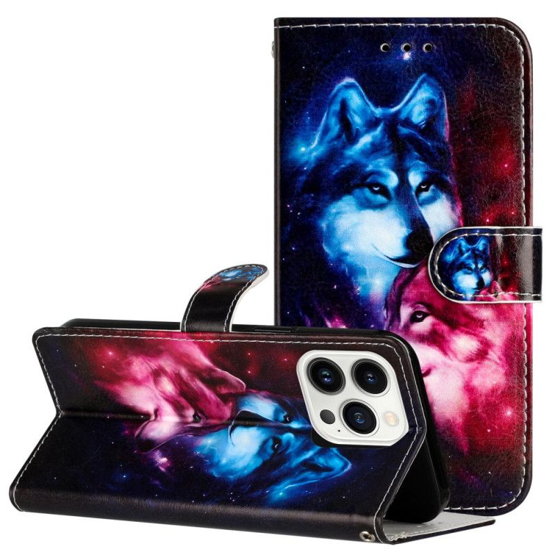 Kožené Puzdro iPhone 16 Pro Kryt Na Mobil Lanyard Wolves